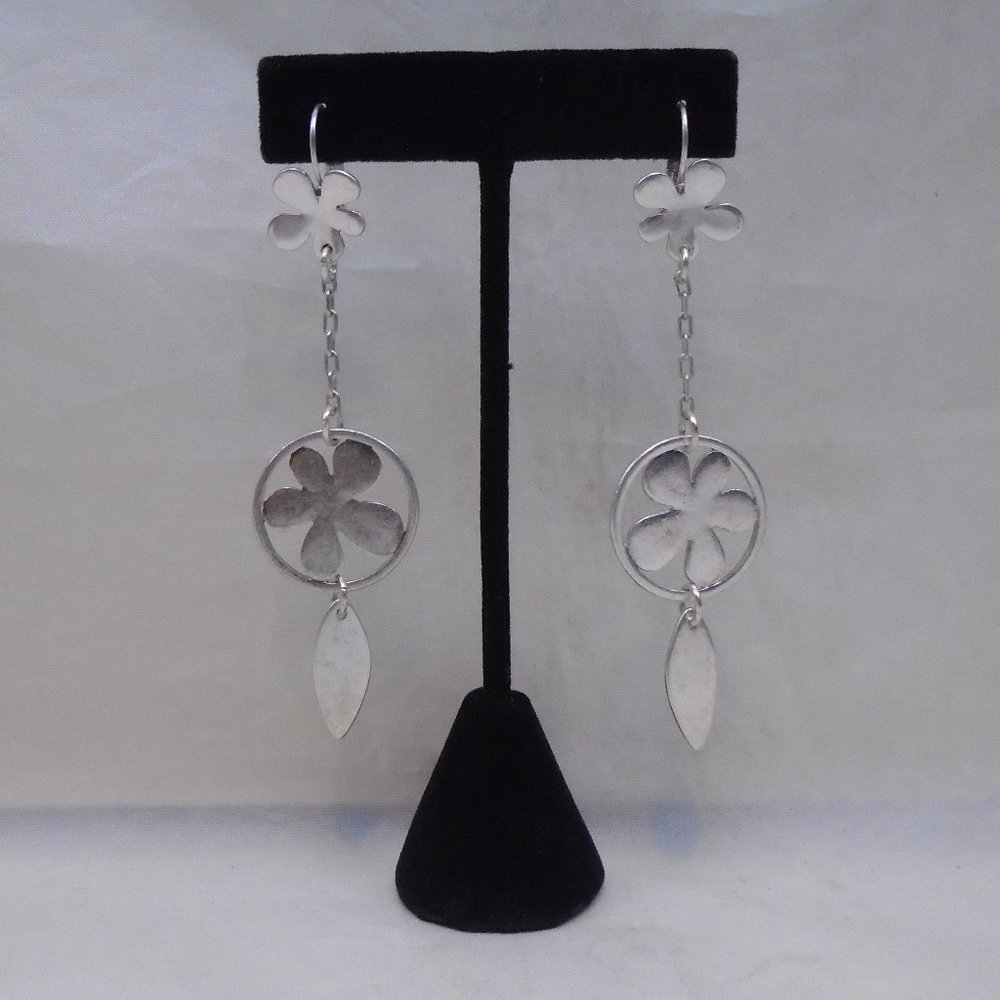 BOHM MATTE METALLIC SILVER FLOWER DANGLE DROP STATEMENT EARRINGS